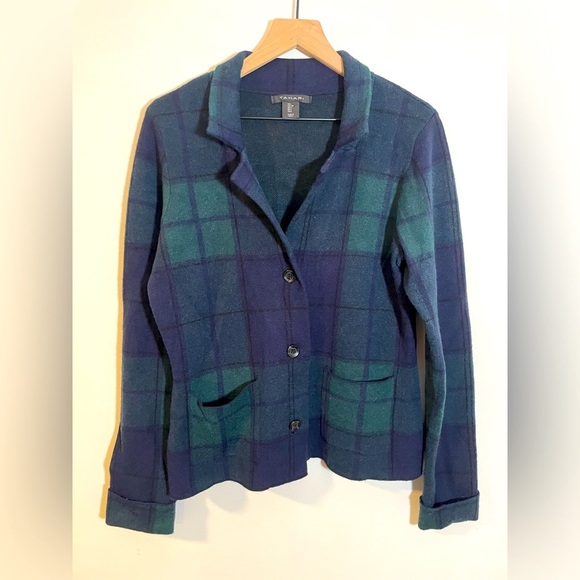 Tahari Soft Plaid Sweater Blazer Size Large Academia Career Preppy Green & Blue - Picture 1 of 8